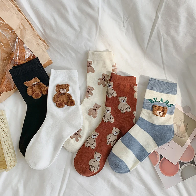 Creative New Brown Bear Socks Female Middle Tube Socks Japanese Cute Small Fresh Wild Student Socks Autumn and Winter Socks