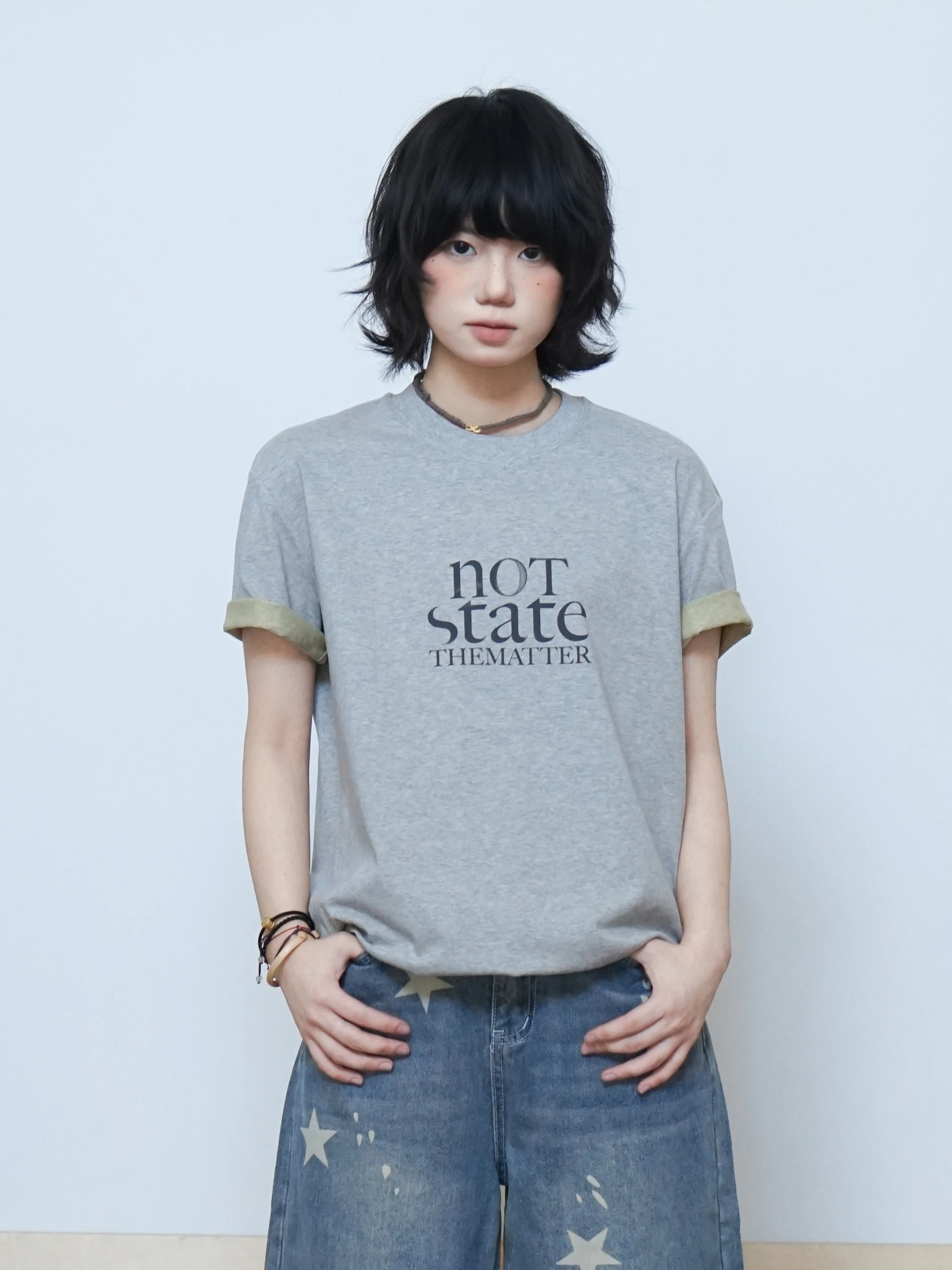 Special Offer Color Block Retro Letter Print Short Sleeve T-Shirt Turn up Cuff Versatile Commute Top Cotton Casual Style