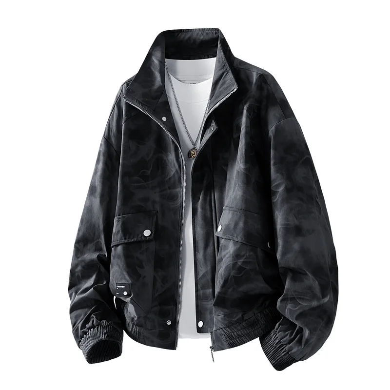 

2025 Man Jacket Autumn Drawing Printed Loose Male Outerwear Stand Collar Long Sleeve Zipper Outdoor Windproof Men Cargo Coat