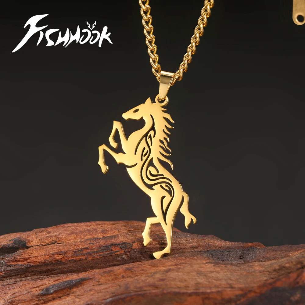 Fishhook Horse Necklace Unicorn Supernatural Amulet Gift For Woman Man Hollow Pendant Stainless Steel Chain Jewelry