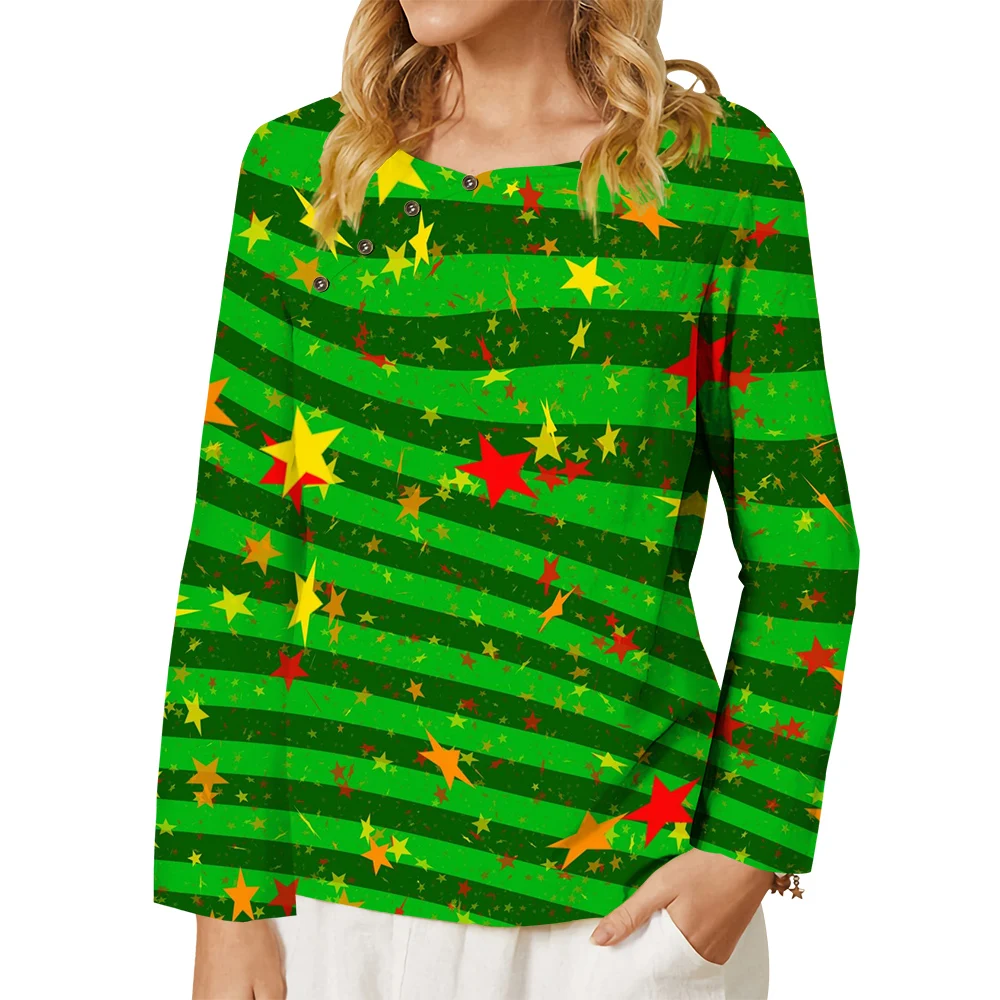 CLOOCL Christmas T-shirt for Women Lovely Cartoon Snowman Pattern Printed Button Decorate Long Sleeve Round Neck Blouse