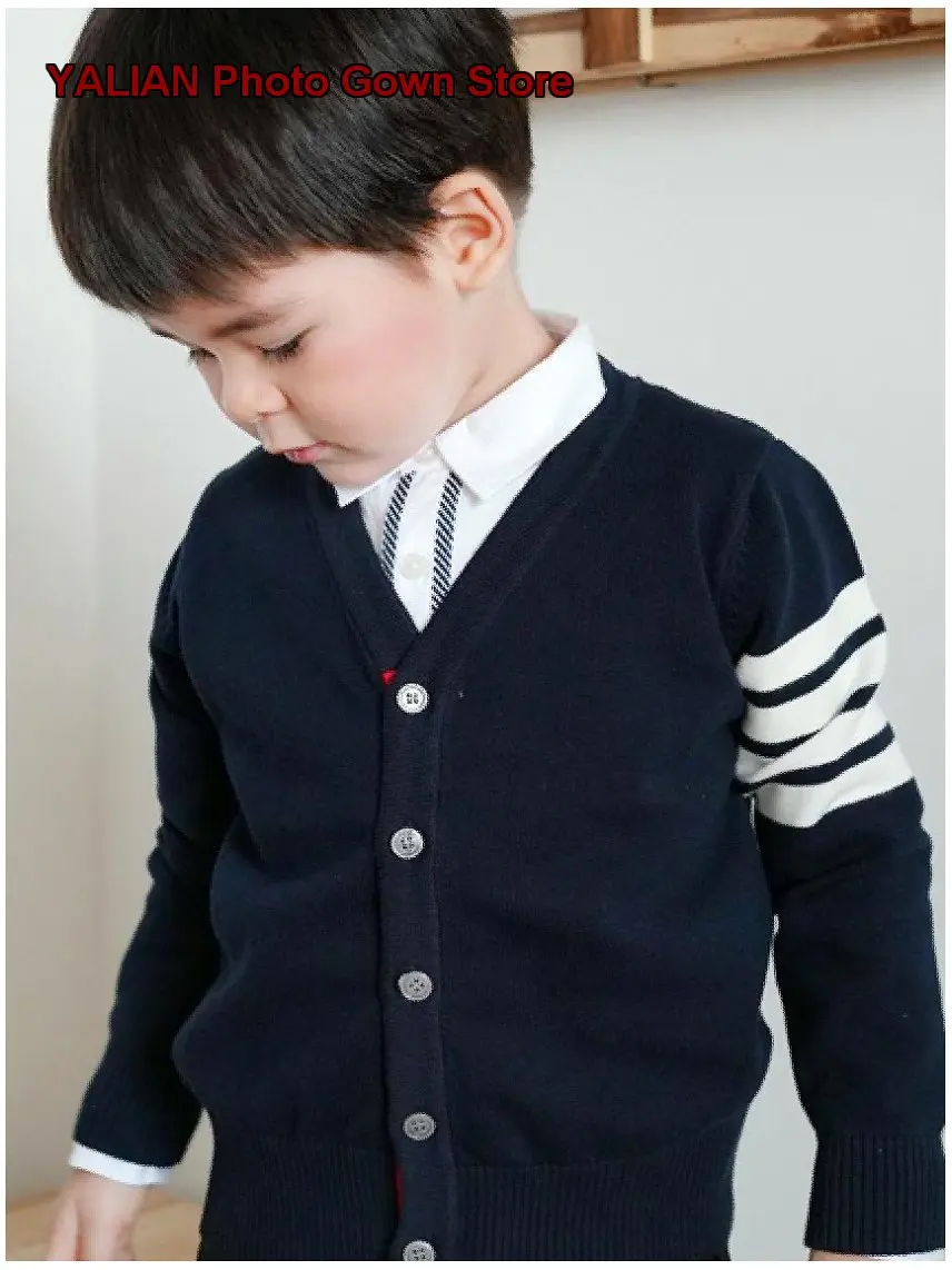 Boys Girls Three-Striped Knit Cardigan with Shirt Older Kids Toddler Sibling Matching