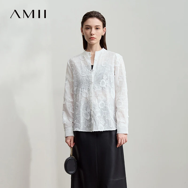 AMII 2025 خريف جديد أنيق التطريز قميص نسائي الوقوف طوق واسعة الكتف مكتب سيدة فضفاضة البلوزات النساء بلايز 12543066