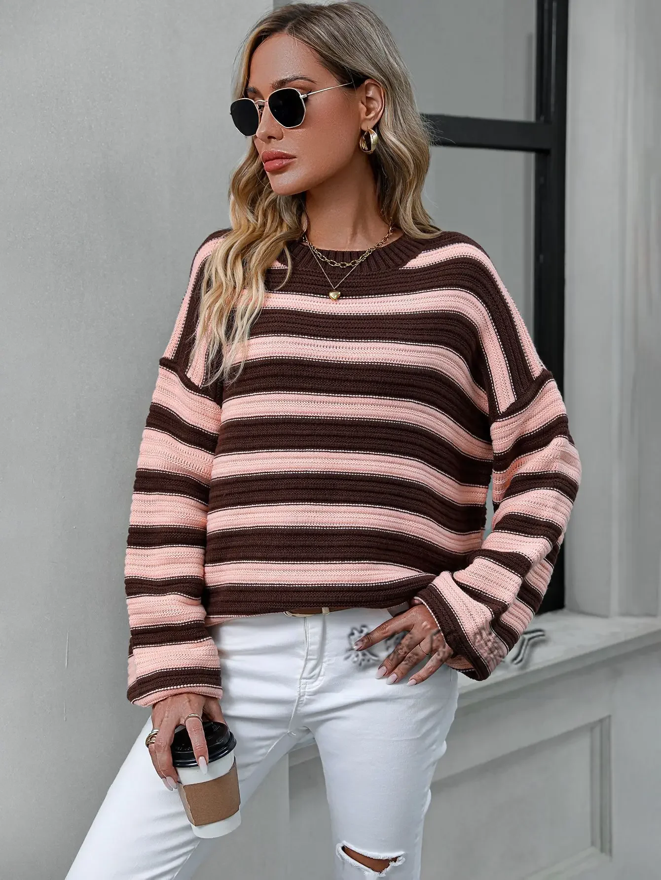 Striped Knitted Women Sweaters Casual Loose Pullovers 2024 Autumn New Popular Streetwear Workout Activewear Streetwear Jumpers