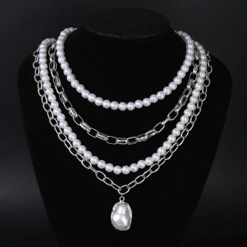 Multi-Layer Stackable Pearl Pendant Necklace Gold Tone Irregular Paperclip Chain Necklace Alloy Link Choker Necklace Daily Wear