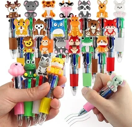 24 PCS Cute Animal Multicolor Pens, 4 Color Retractable Ballpoint Pen Set
