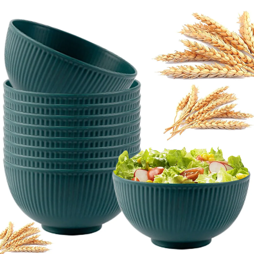 

10Pcs 5.9in Dark Green Wheat Straw Bowls Circular Shatter Resistant Plastic Tableware Bowls For Household Use