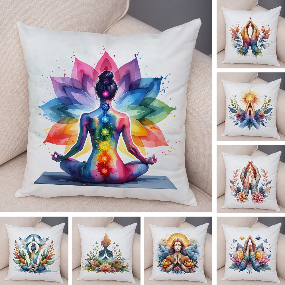 

Chakras Ancient Indian Yoga Cushion Cover Double Print Flower Pillowcase for Car Sofa Home 45x45cm Soft Plush Decor Pillow Case