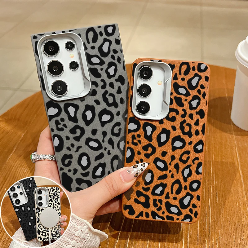 Leopardenmuster Leder Textur TPU Hülle für Magsafe für Samsung Galaxy S24 FE S23 Ultra S22 S24 Plus magnetische weiche Silikonhülle