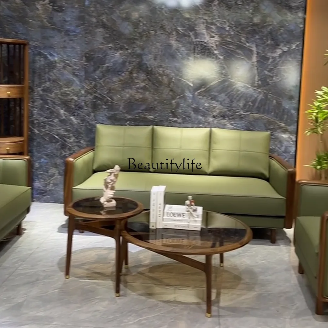 

New Chinese solid wood leather modern sofa light luxury minimalist home club ebony sofa furniture