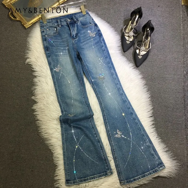 

Джинсы женские осенне-зимние, с эффектом утяжки, с высокой талией, расклешенные, с бантом, стразами и бисером, синие, из плотного денима
