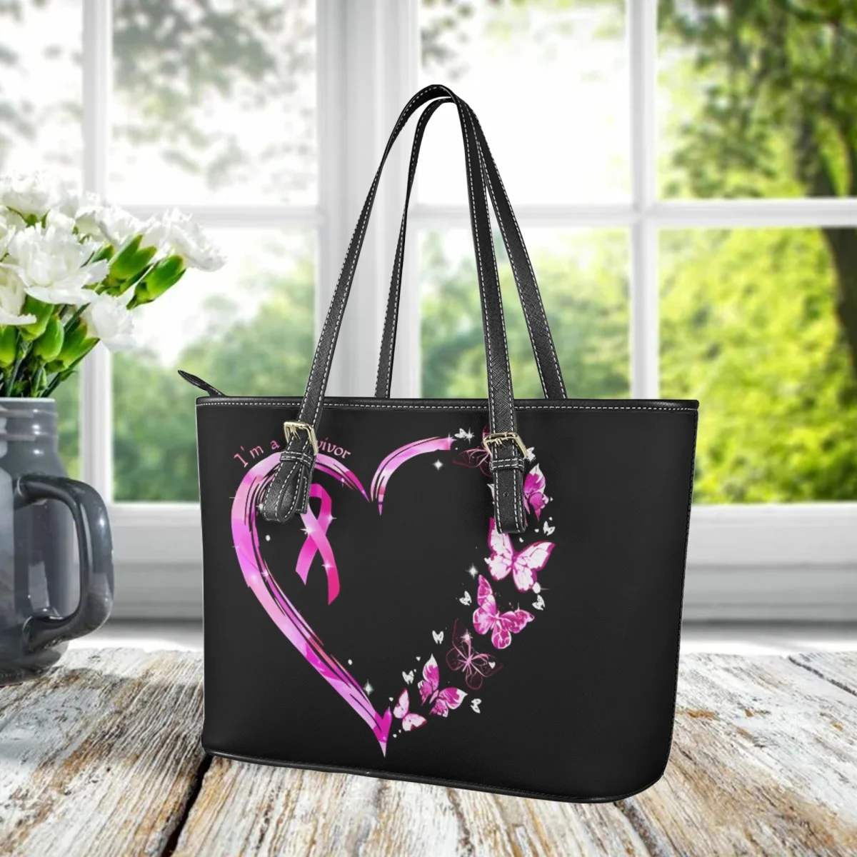 Personalized Butterfly Breast Cancer Awareness Ladies Handbag Portable Handle PU Leather Shoulder Bag Travel Coin Purse Totes