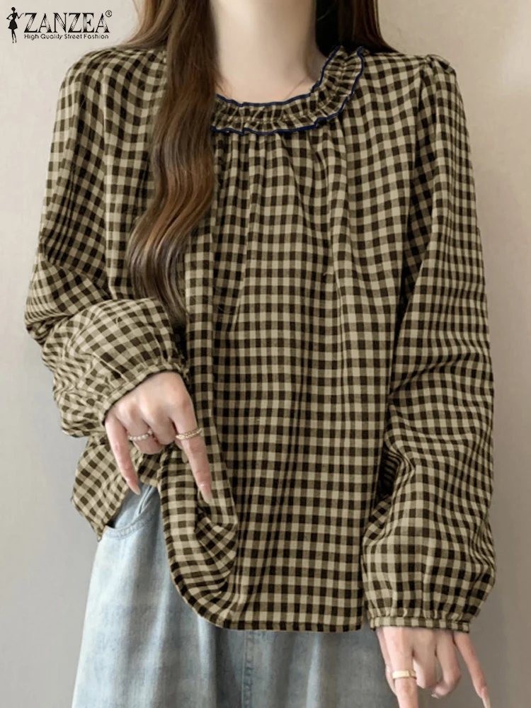 2025 ZANZEA Women's Long Sleeve Blouse Bohemian Plaid Checked Tops Casual Ruffles Hem Shirt Vintage Harajuku Loose Blusas Mujer