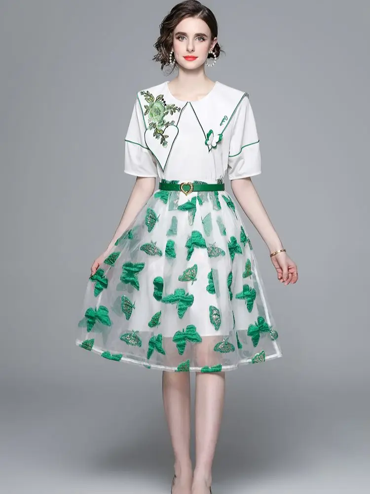 Women's Summer Fashion Elegant Office Outfits Embroidery Flower Blouses Tops + Mesh Butterfly Skirt 2 Piece Set