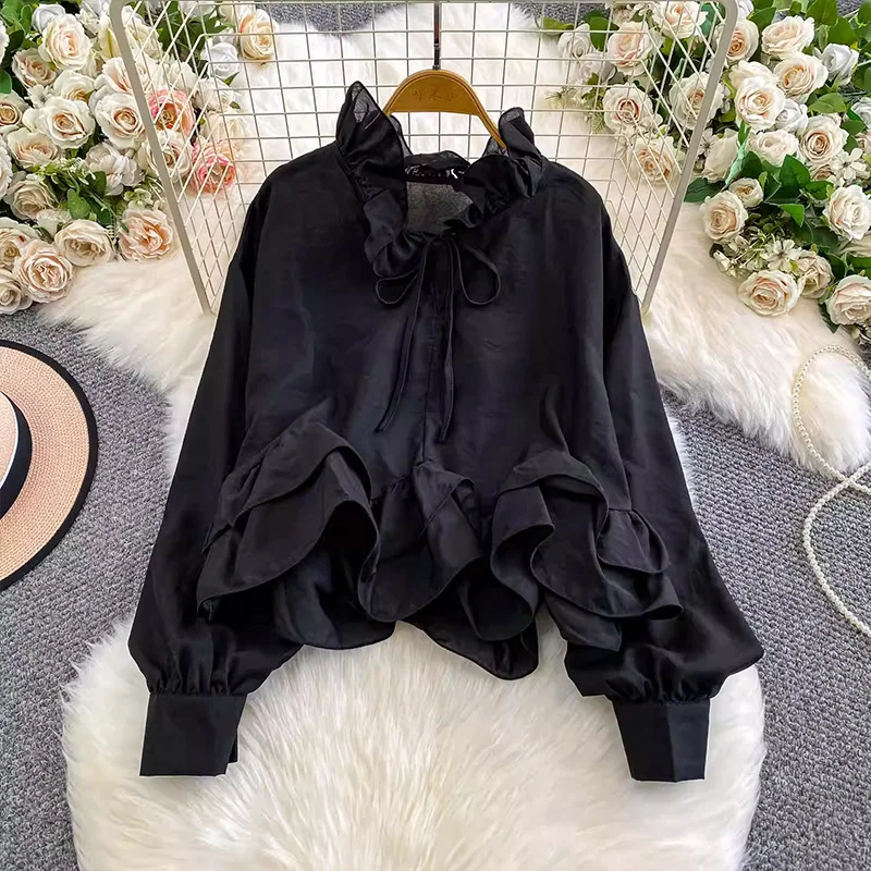 

French Gentle Style Blue Ruffled Round Neck Shirt For Women, Autumn Holiday Chic Design, Loose Slimming Top