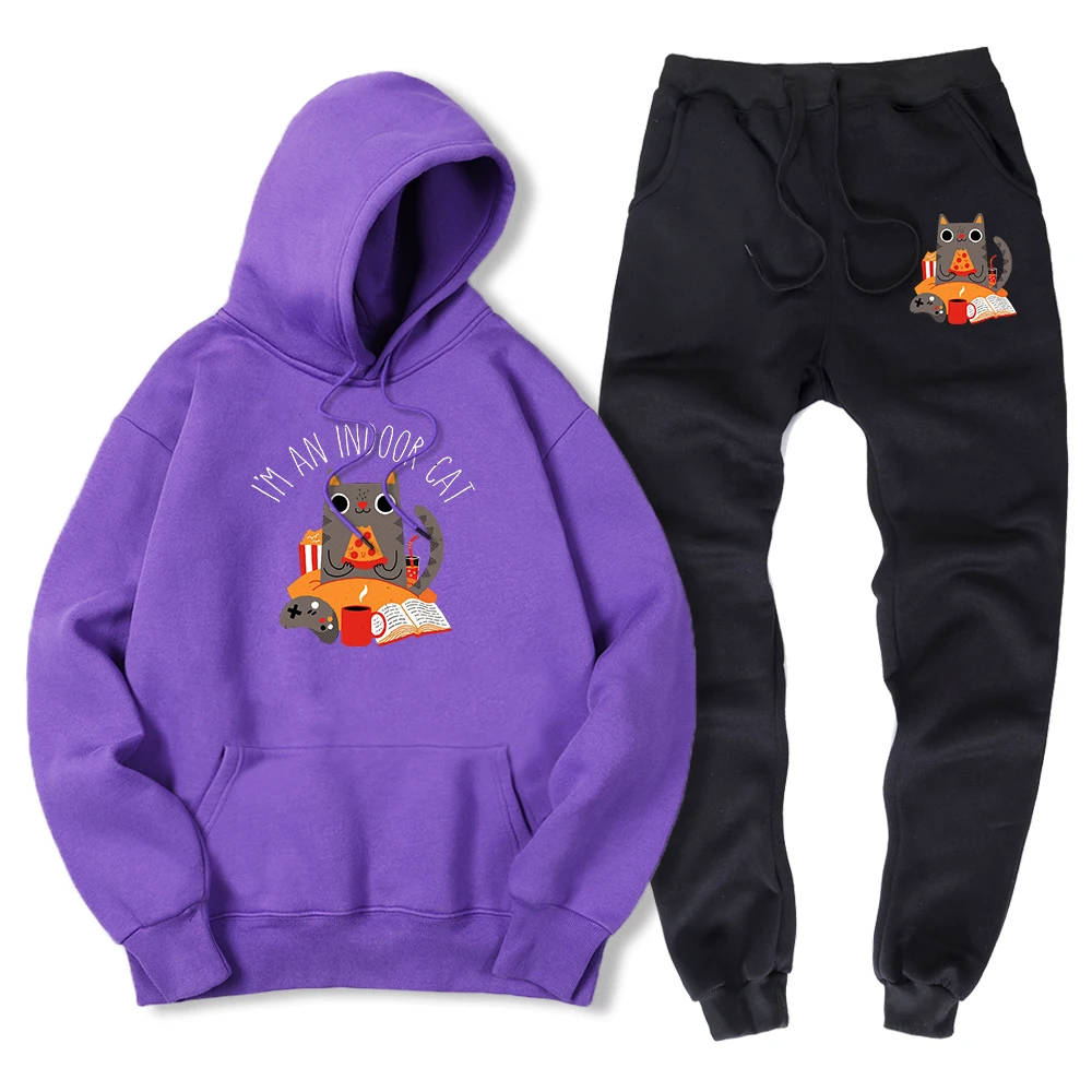 

Leisurely Afternoon Cat And Tea Print Sportswear Suit Men 2 Piece Sets Pocket Hoody + Pants Winter Fleece Sweatshirt + Sweatpant