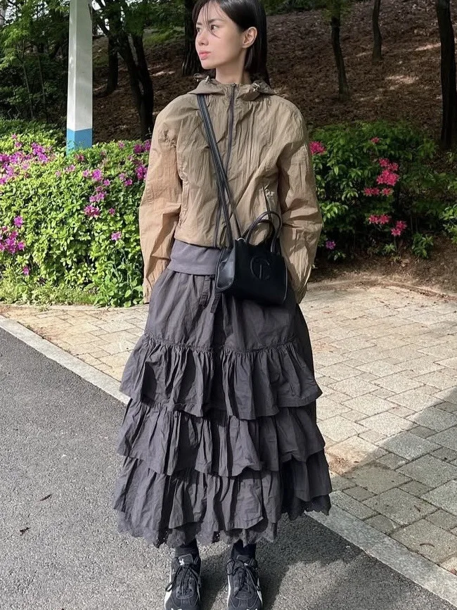 Em camadas de renda retalhos elástico cintura alta bolo saia midi saia coreano sle cor saia longa para mulher