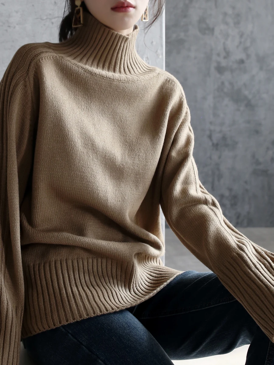 

Зимний вязаный свитер Warmo Design с высоким воротником, свободный длинный свек, удобный ленивый слей, модный, индивидуальный цвет