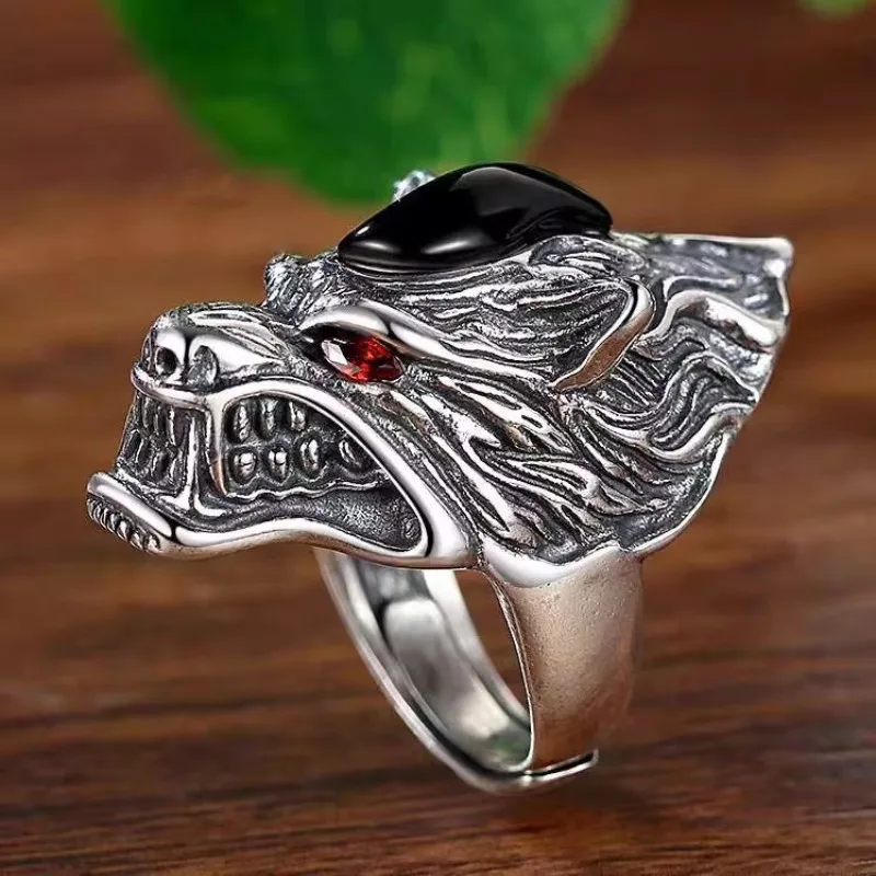 silver 925 stereoscopic carved handsomewolf head mens rings domineering trend rough retro black agate ring banquet jewelry gift view 2