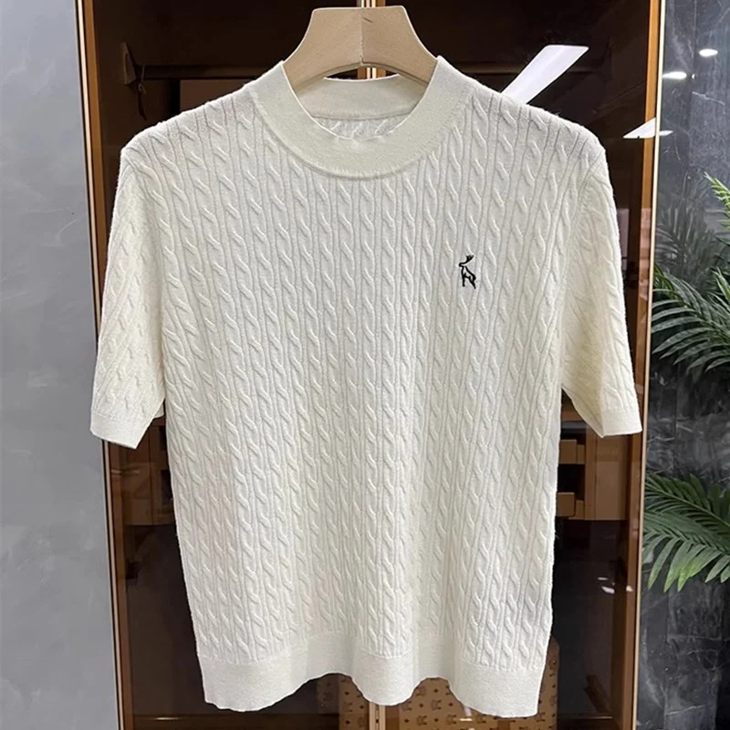 

T-shirt spun wool Embroidered Pattern Round Neck Knit 2024 Summer New Short Sleeved Sweater Fashionable Top