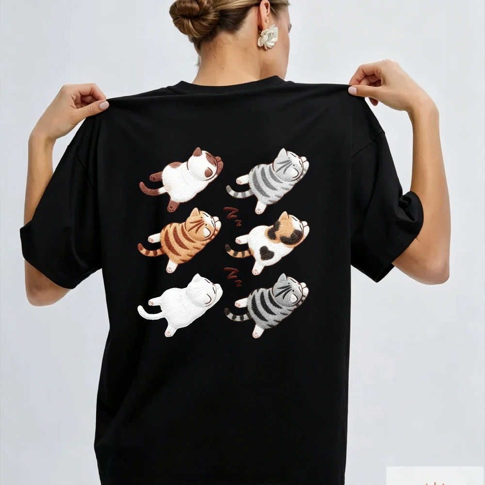 Women 6 Poses Sleeping Chubby Cats Watercolor Double Sided T Shirt Cute Fluffy Relax Kitten Various Postures Cotton Lovely Pet