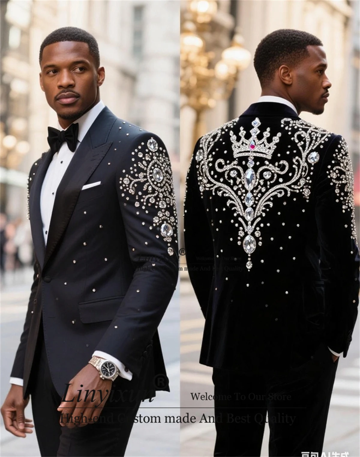

Блестящие мужские костюмы с металлическими украшениями, смокинги для жениха с остроконечными лацканами, комплекты из 2 предметов, пиджак для выпускного вечера с бисером, индивидуальный Ropa Hombre