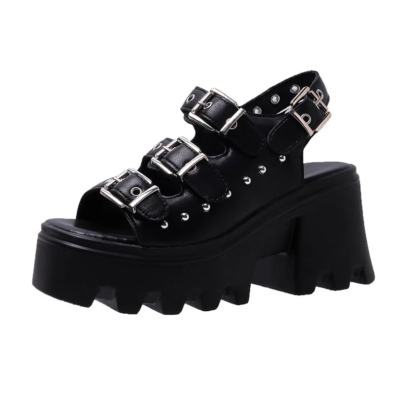 Punk Metal Buckle Platform Sandals Women 2024 Summer Rivet Decor Black Gothic Sandals Woman Plus Size 42 High Heeled Roman Shoes