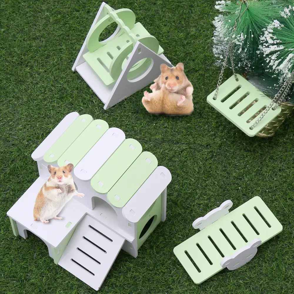 Hamster Play Toys Set Wooden Hamster House Boredom Breaker Activity Toy DIY Hamster Cage Accessories for Small Pets