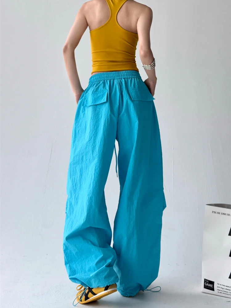 Spodnie damskie na wiosnę i lato 2025, szerokie nogawki, luźne, w stylu hip-hop, spodnie spadochronowe, retro, plisowane, proste, codzienne.