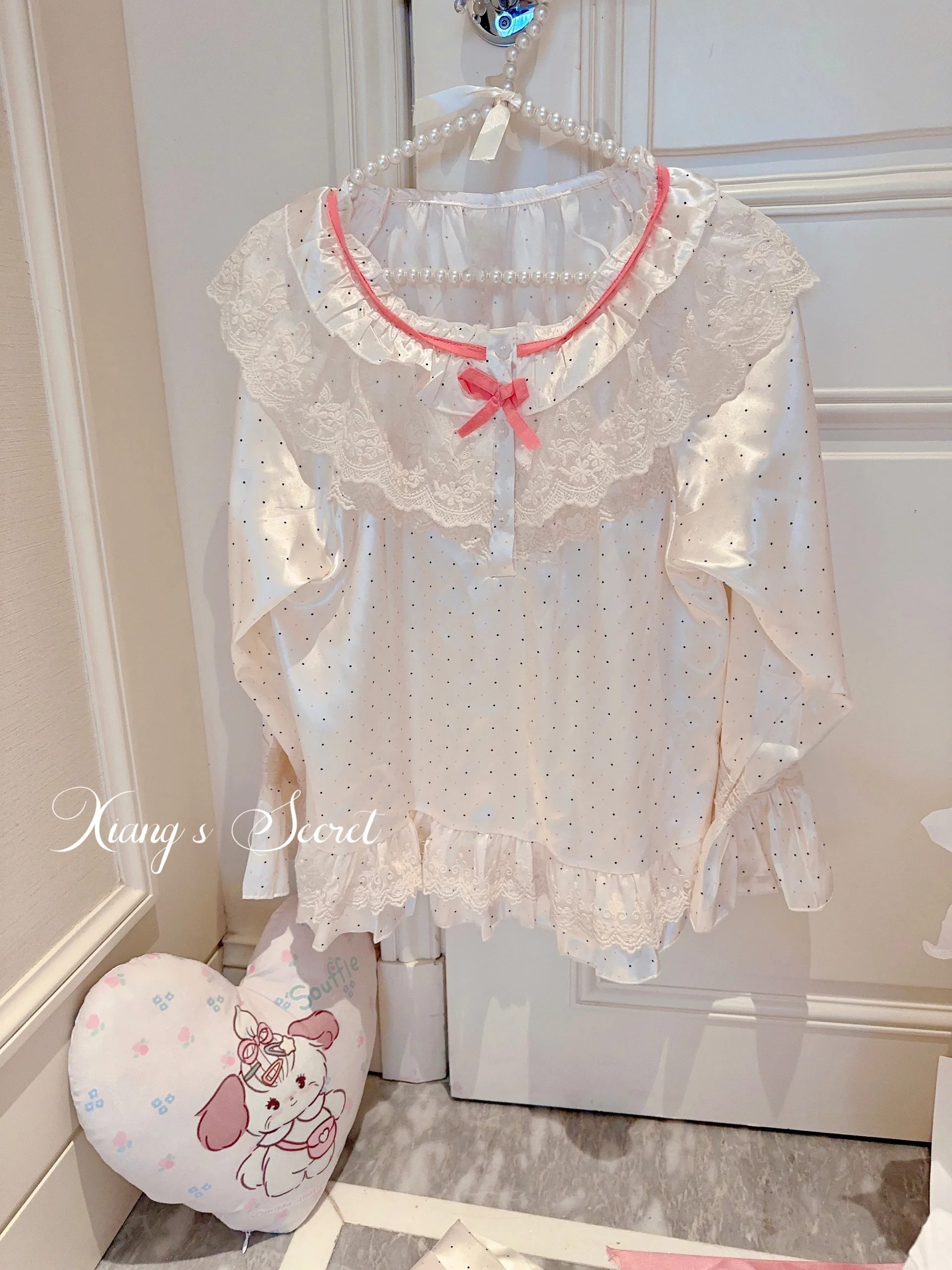Sweet Retro Cream Princess Court Style Polka Dot Bow Pajamas Japanese Girl Casual and Comfortable Long-sleeved Loungewear Set