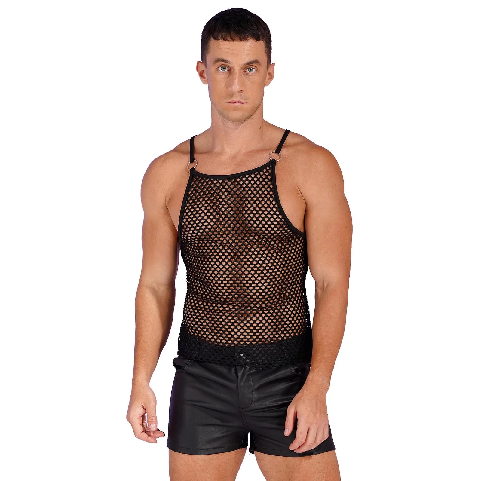 

Mens Sexy Lingerie Exotic Tank Top Hollow Out Fishnet Sleeveless Tops O Neck Vest Sheer See-Through Undershirt Sleepwear