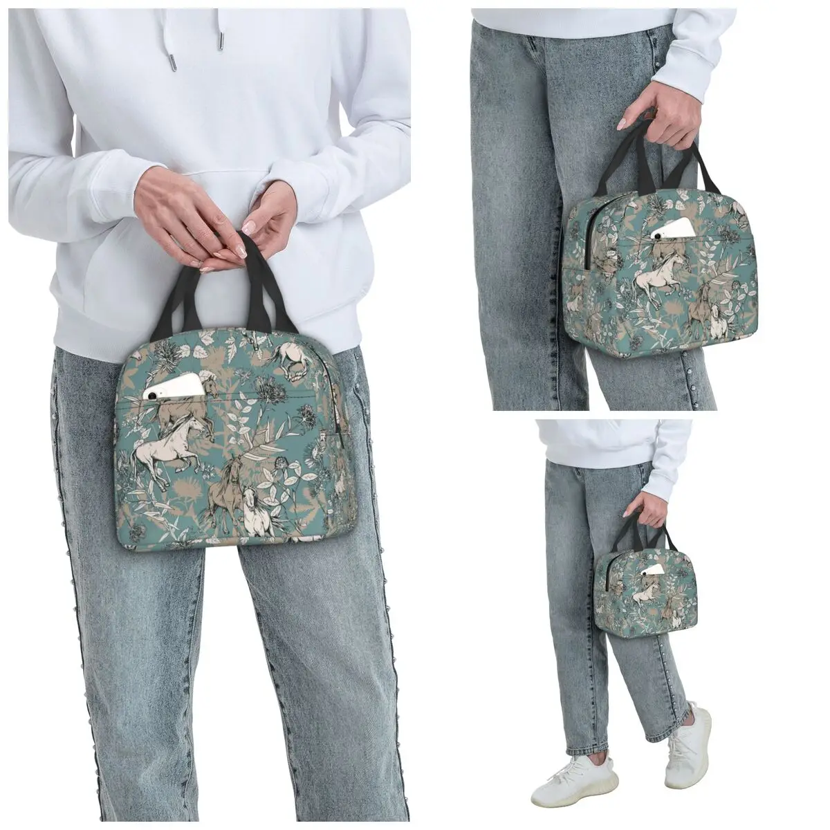Horse And Flower Oil Painting Insulated Lunch Bag for Women Office Cooler Thermal Food Box Tote Portable Lunch Boxes Container