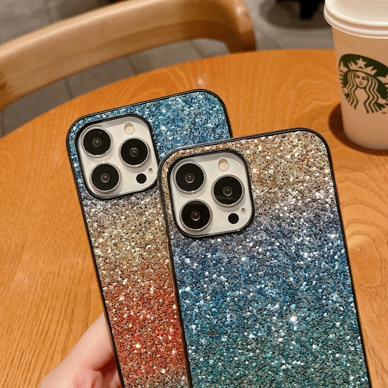 Funda de arcoíris degradado de cuatro colores para IPhone 16, 15, 13, 14, 12 Pro Max 11, funda trasera dura de silicona con purpurina y diamantes a prueba de golpes