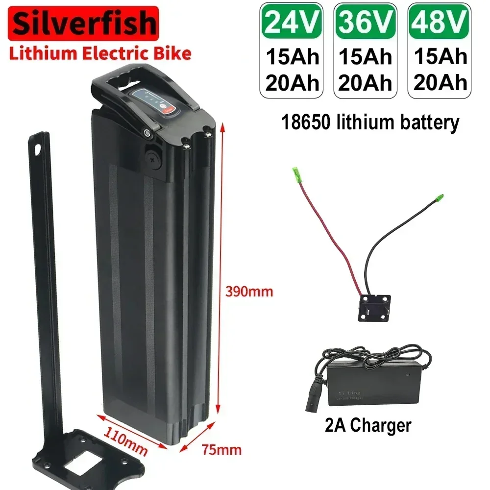 

Silverfish-Bicicleta eléctrica de iones de litio, 48V, 36V, 24V, 15A, 20A, 800W, 500W, paquete de batería 18650 + cargador