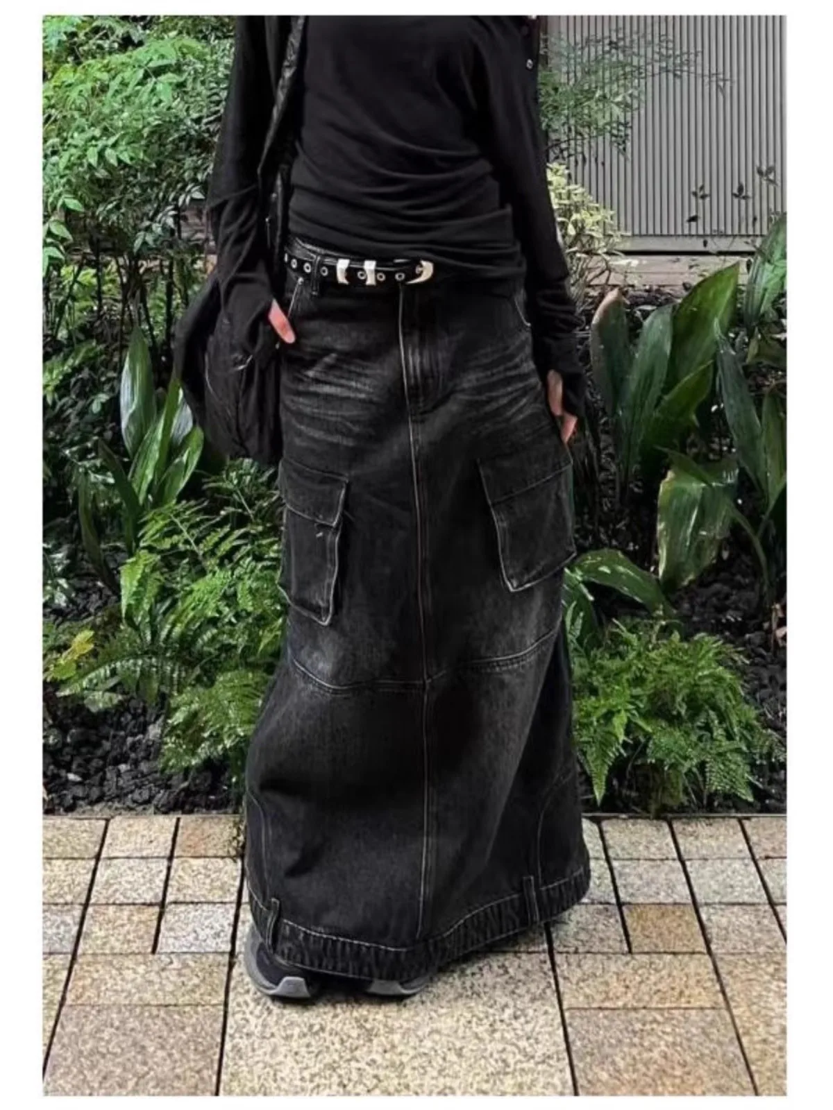 Jesień Zima Damska Gotycka Dark Academia Vintage Y2k Denimowa Spódnica Maxi Trapezowa Harajuku Japoński Grunge Lata 2000 Cyber Punk E-girl