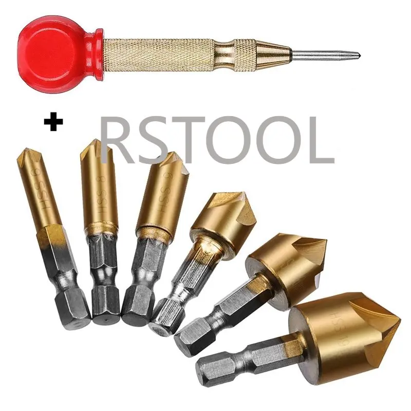 Bộ 6 Lục Giác Tay Cầm 5 Lưỡi Dao Vát Cạnh Titan Gỗ Mũi Khoan Countersunk Khoan Countersunk Đánh Chìm Hạt Với 1 cent