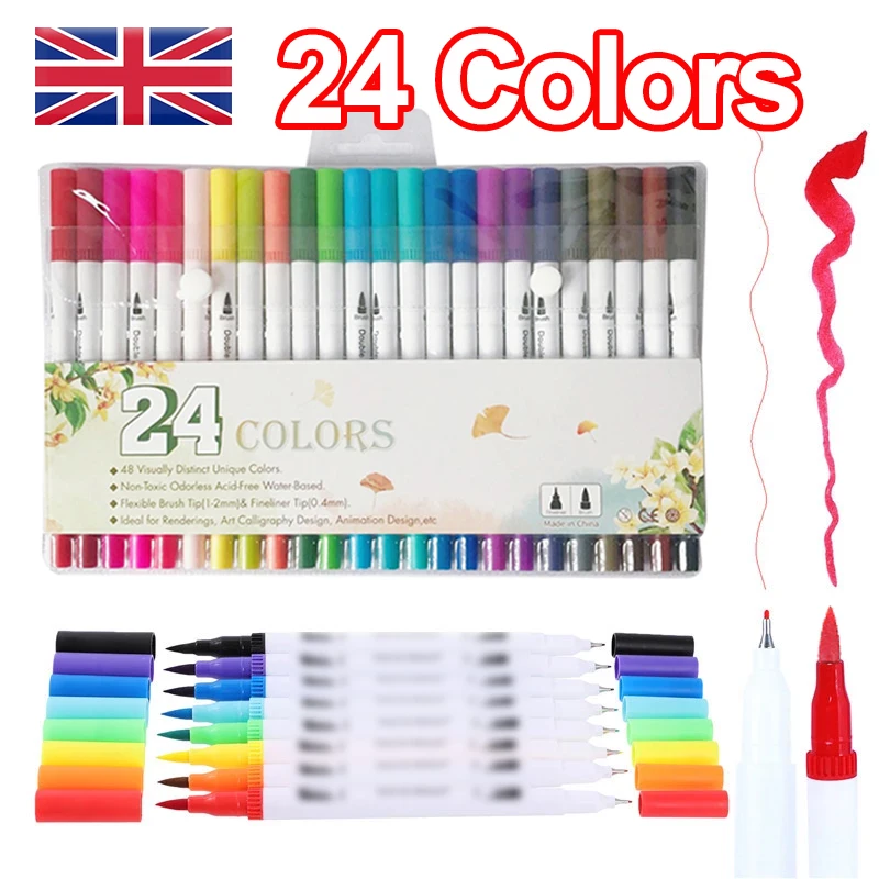 24pcs Colour Dual Tip Brush Pens Fineliners Watercolour Art Markers Drawing