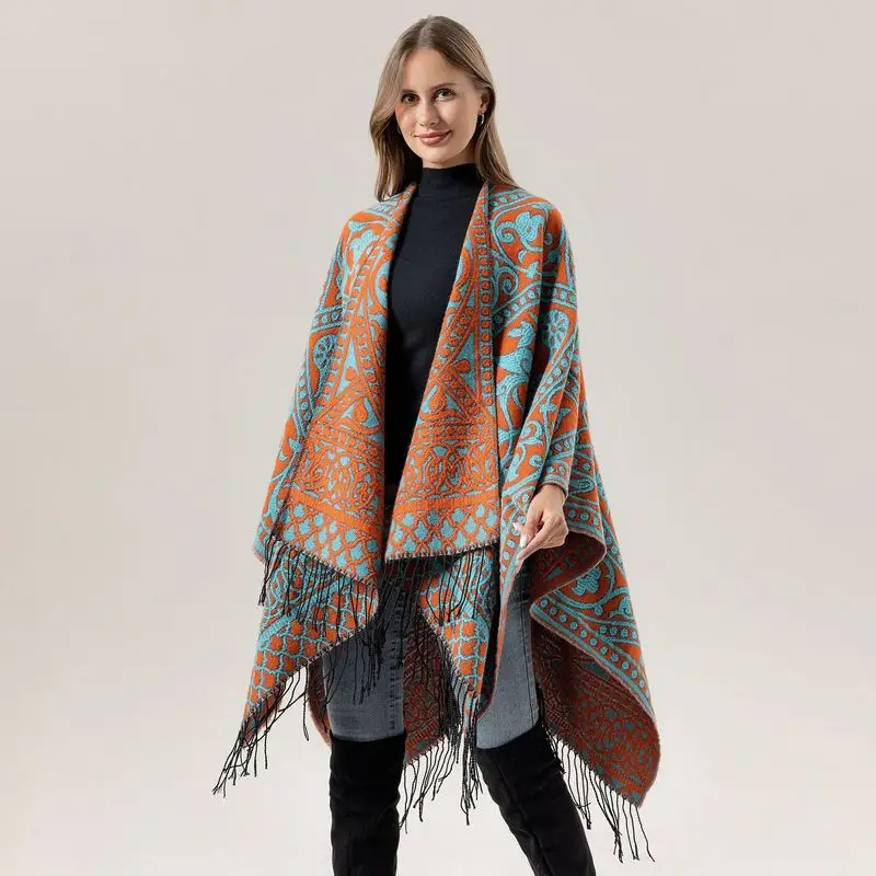 Ethnic-style travel shawl, warm faux cashmere scarf with tassels, cape