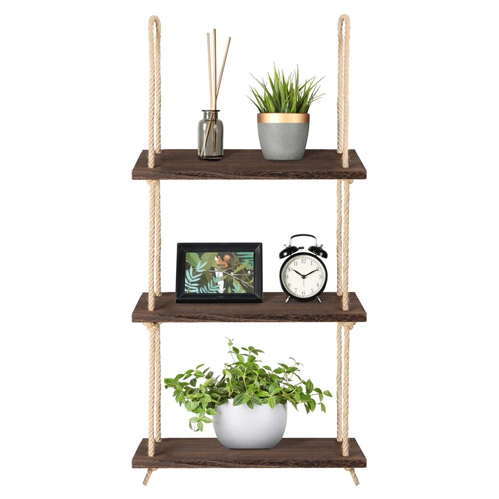 3 Tier Wall Floating Shelf Wood Hanging Rope for Living Room Bedroom Bathroom