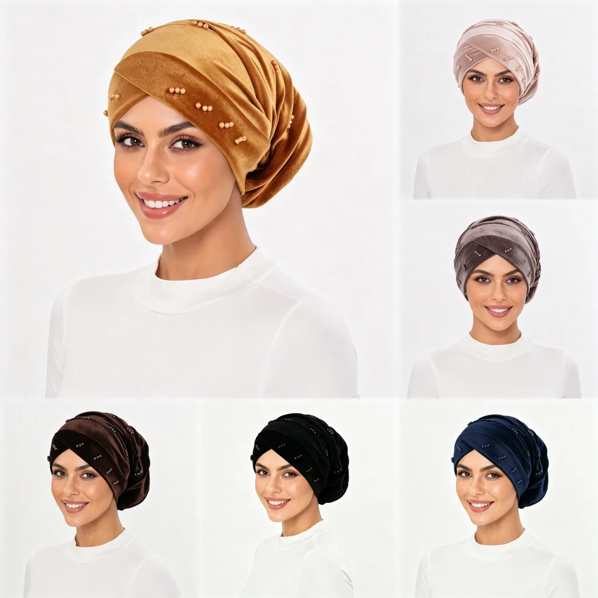 Muslim Women Velvet Turban Hat Cross Front Beaded Head Wrap Headscarf Elastic Pleated Head Cover Bonnet Party Turbante Mujer