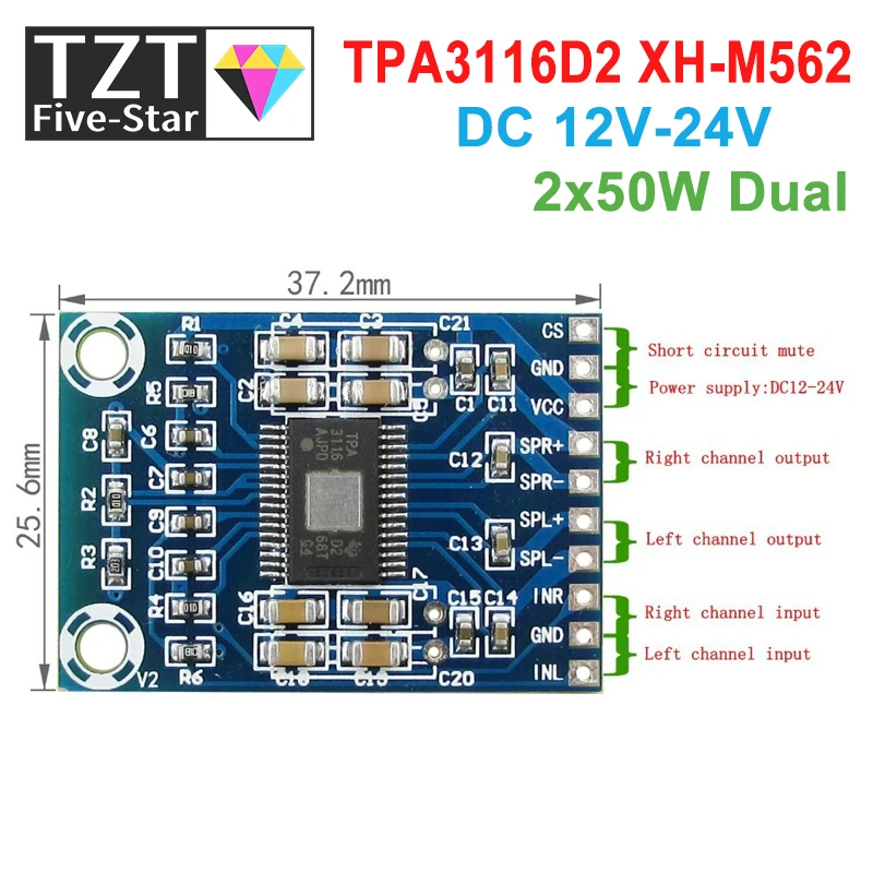 TZT DC 12V-24V 2x50W Dual Channel Mini Digital Amplifier D Class 50W+50W TPA3116D2 XH-M562 Amplifier 50W Power Amplifier Board