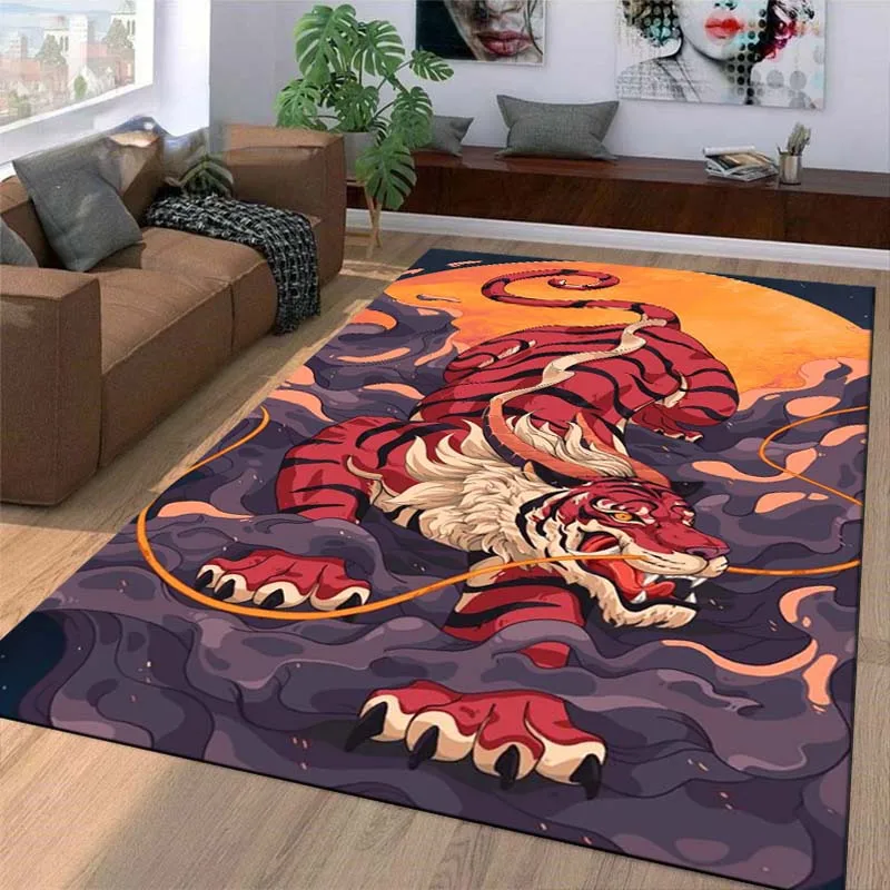 Alfombra de arte japonés para decoración del hogar, alfombra antideslizante, bestia mítica, dragón, Tigre, Animal, sala de estar, dormitorio, Gamer grande