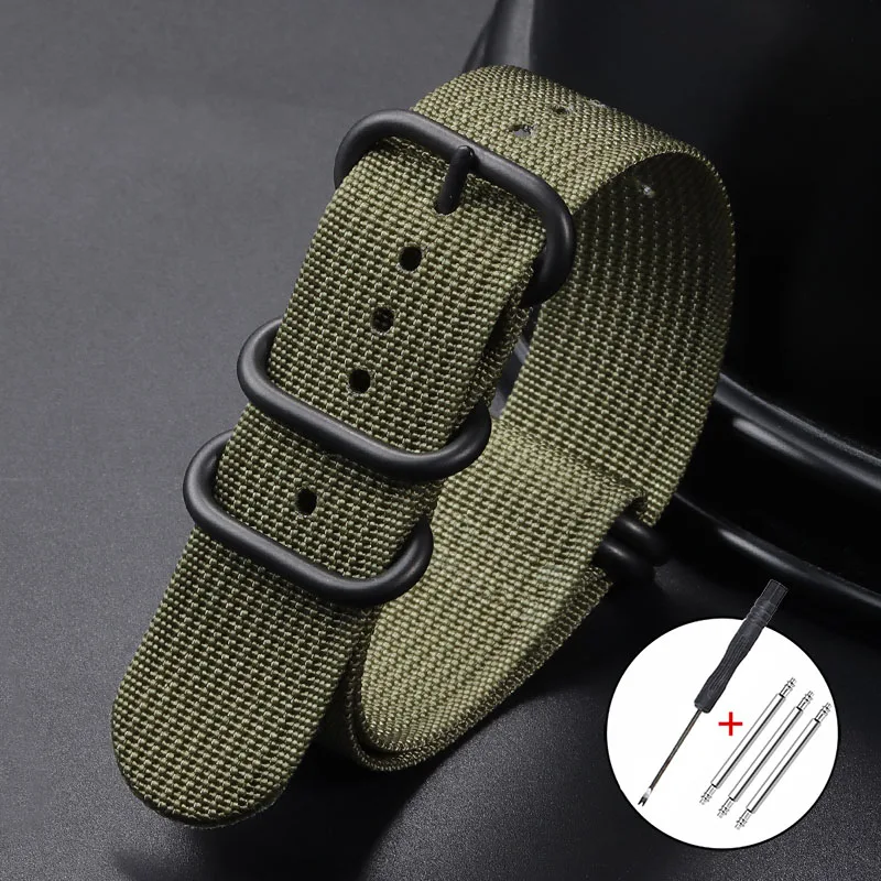 Geripptes Nylon-Uhrenarmband, Nylon-Uhrenarmband, 18 mm, 20 mm, 22 mm, 24 mm, Armband für Seiko Military Loop-Uhrenarmband, schwarze Schnallenarmbänder