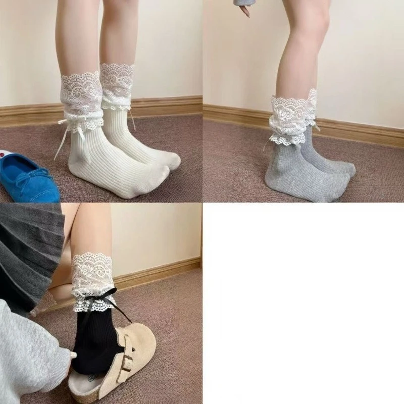 1/3 Paar Frühling Herbst Neue Einfarbige Elegante Schlichte Mittelhohe Socken Modische Schmetterlingsknoten Hochwertige Gestapelte Socken