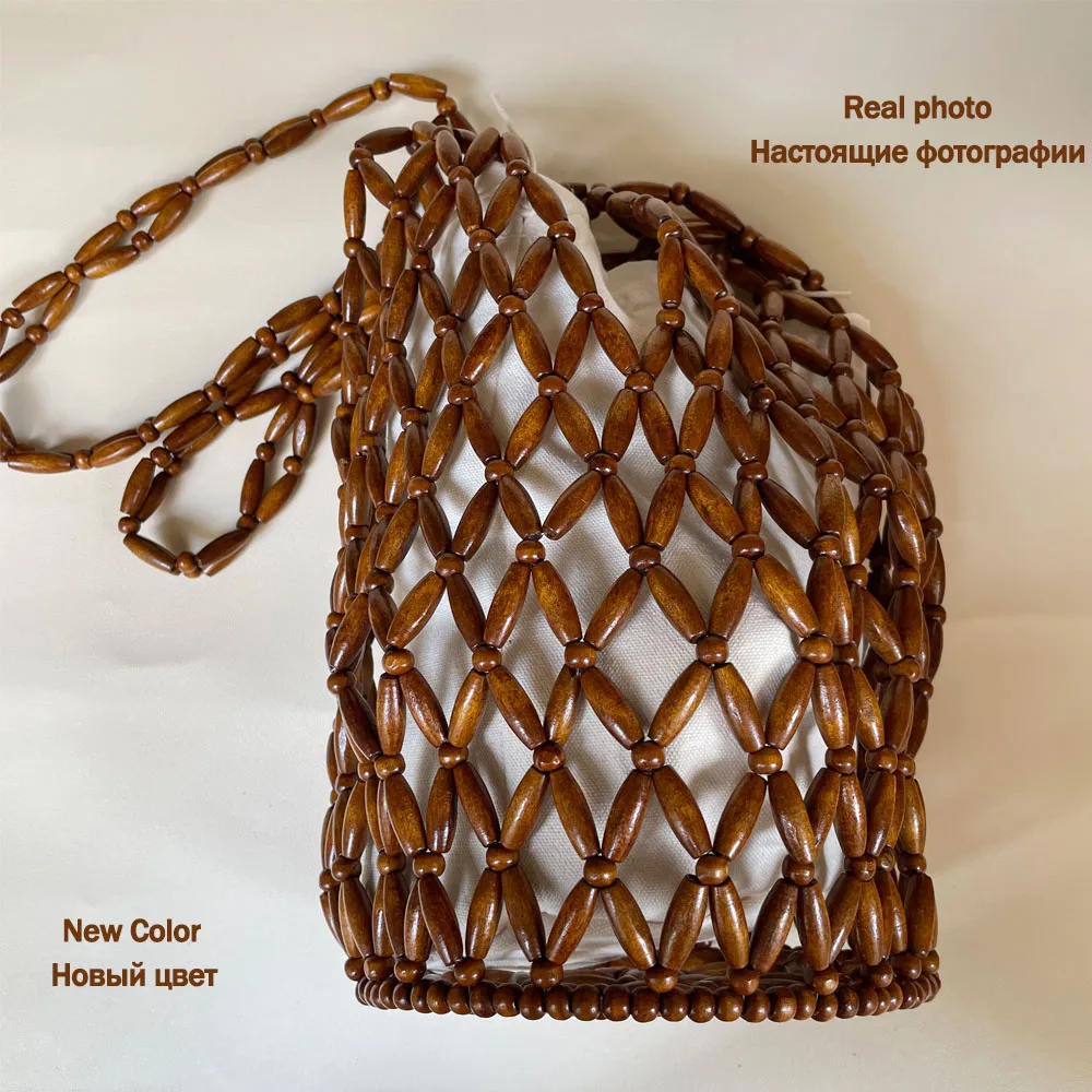 

Women Woven Hand Bag Summer Design Hollow-out Wooden Bead Tote Bucket Shoulder Bag Female Netted Beach Handbag