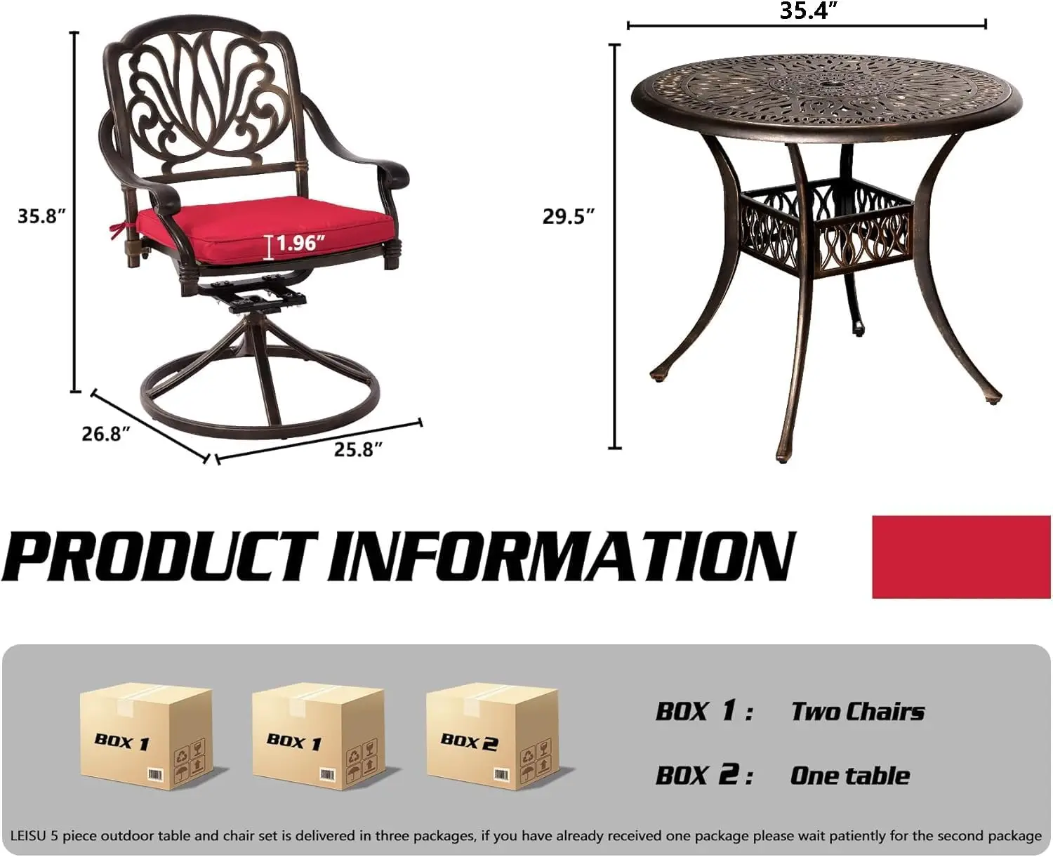 Outdoor Patio Dining Set, All-Weather Cast Aluminum Furniture Patio Conversation Set 4 Swivel Chairs and 35.4