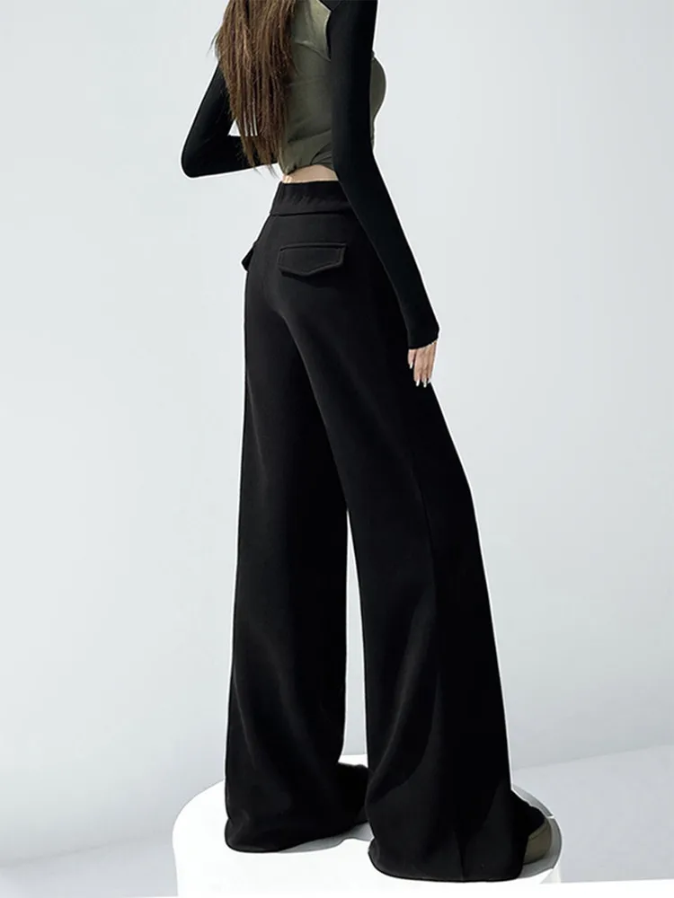 กางเกงขายาวเอวสูงทรงขากว้างสำหรับผู้หญิง ฤดูใบไม้ร่วง ฤดูหนาว รุ่นใหม่ ผ้าซับในหนา ยาวคลุมเท้า สไตล์ลำลอง