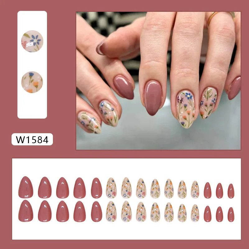 Flores de amêndoas curtas unhas falsas adesivas reutilizáveis, Unhas artificiais baratas, Pressione as unhas com cola, Conjunto completo de unha falsa, 24pcs