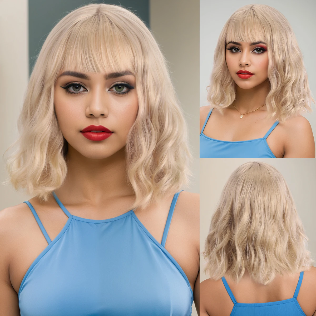 

Wig, shoulder length hair, curly hair, color blocked bangs, women's small curls Synthetic fiber wig