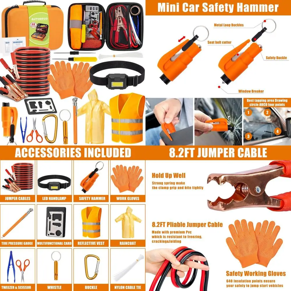 

AUTODECO Car Roadside Emergency Kit, Car Safety Kit Portable Car Kits for Emergency with Jumper Cable, Safety Hammer, Orange